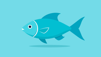 Obraz premium A simple, flat design illustration of a blue fish swimming against a light blue background, depicting aquatic life in a minimalist style.