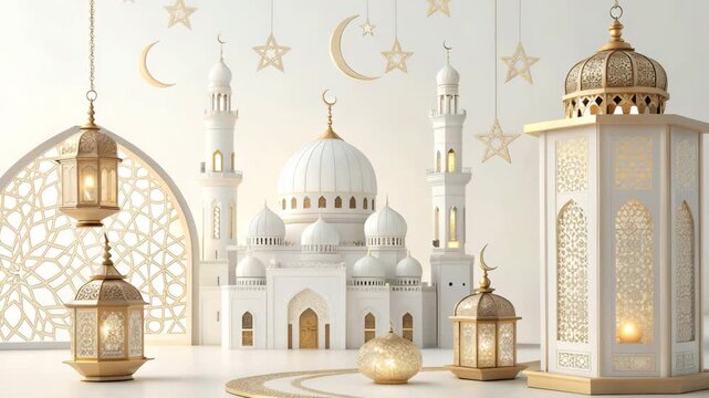 Islamic Mosque and Lanterns with Crescent Moon and Stars Background Cinematic Motion