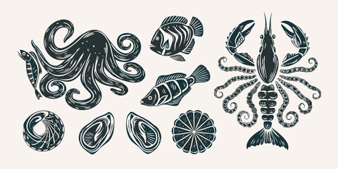Vintage style illustration of various seafood creatures and shells © Prince