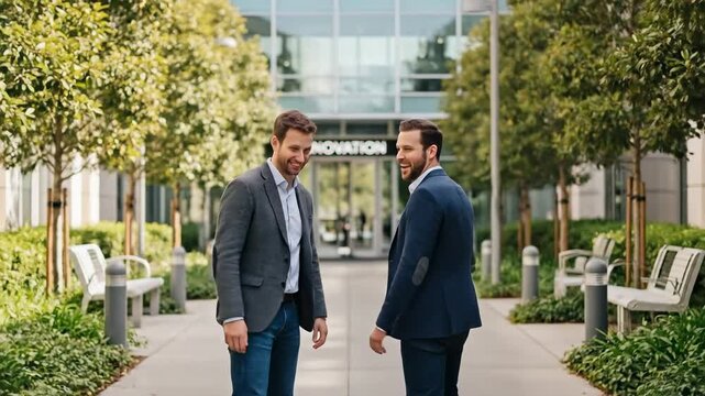 Two professional Caucasian men in their 30s having a walk and talk meeting at an innovation hub