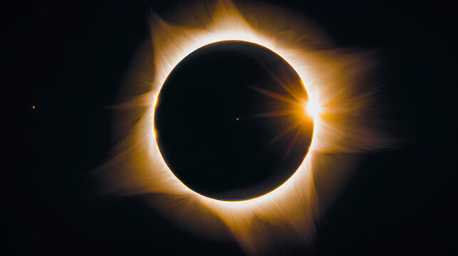 Dramatic solar eclipse during totality where the suns corona shines brightly casting a dark umbra across the Earth
