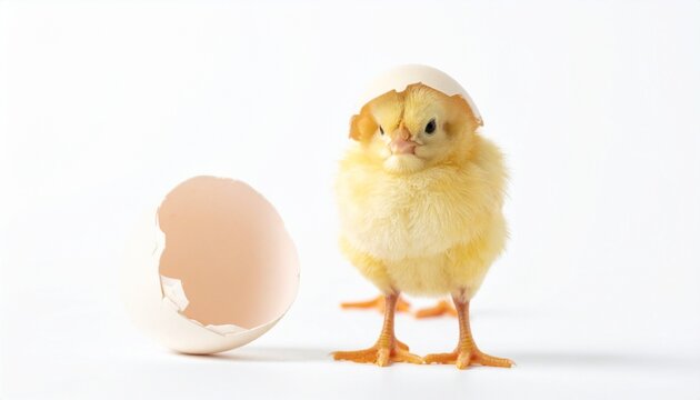 Newly hatched yellow chick with eggshell fragments