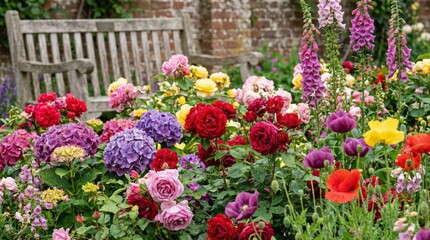 Naklejka premium Lush perennial garden showcasing vibrant roses, purple hydrangeas, pink foxgloves, and colorful poppies thriving in full bloom with a wooden bench in the background