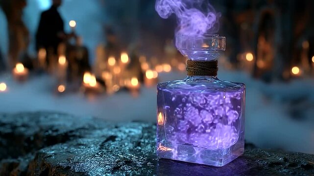 Mystical potion bottle emitting purple smoke in cave