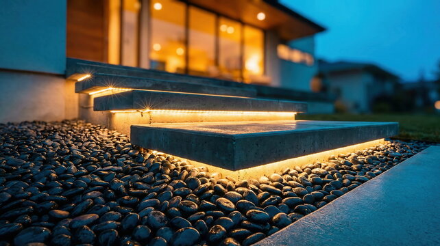 Modern concrete steps with warm LED lighting and decorative pebbles create an inviting, elegant exterior at dusk, showcasing architectural landscape design.