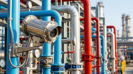 Industrial CCTV camera monitoring a complex network of colorful pipes at a modern chemical or oil refinery plant, symbolizing safety and security.