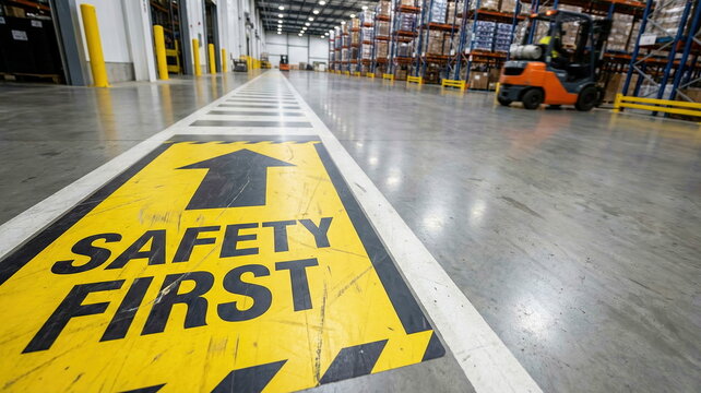 "Safety First" sign prominently displayed on a clean concrete floor in a modern industrial warehouse, with a forklift operating near towering storage racks.