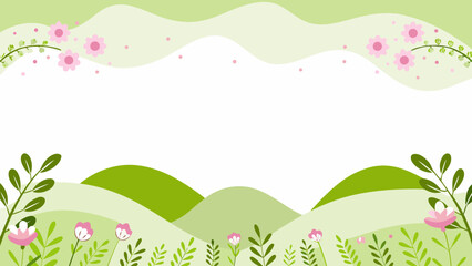 Spring floral border with green hills and pink flowers