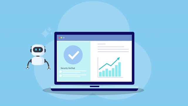 Animated AI robot beside laptop showing verified analytics dashboard with check mark badge and rising bar chart. Concept of data validation, cybersecurity, KPI monitoring, automation, and digital busi
