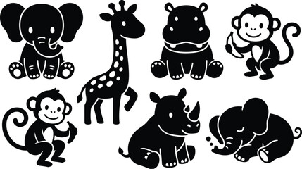 Cute flat design baby safari animals sitting and smiling elephant giraffe monkey rhinoceros hippopotamus in black silhouette facing forward vector mockup png svg with banana icon