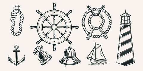 Nautical themed illustrations including a ship s wheel rope and lighthouse © Sukla