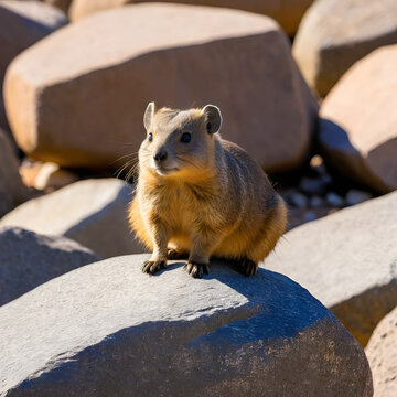 South Africa - Augrabies Falls National Park - Rock hyrax (Procavia capensis) basking on granite boulder in sunlight