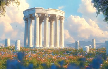 Obraz premium Sunlit circular marble temple ruins with tall Corinthian columns in a colorful wildflower meadow, birds and distant mountains beneath a dreamy pastel sky, serene atmosphere