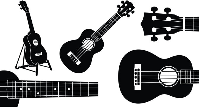 Minimalist black and white flat design ukulele set close up top view showing fretboard headstock bridge and instrument on stand angled composition silhouette vector illustration isolated