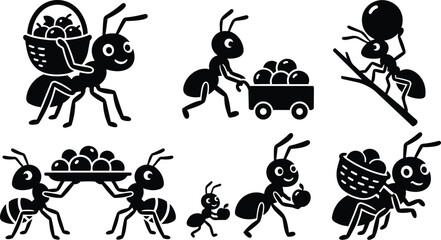 Fototapeta premium Minimalist vector art close up happy ants carrying fruit basket and cart teamwork scene with side view children style silhouettes on white background flat playful composition
