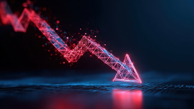 A vivid illustration of a digital downturn. A digital red arrow points downward. ..Created with Generative AI, not depicting real subjects.