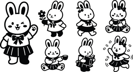 Fototapeta premium Kawaii line art vector set of seven school bunny characters in sailor uniforms smiling waving holding flower reading cup sitting dancing black and white playful compositions