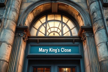 Obraz premium ornate stone entrance with arched fanlight window, teal signboard above dark double doors, warm interior glow and a mysterious historic atmosphere