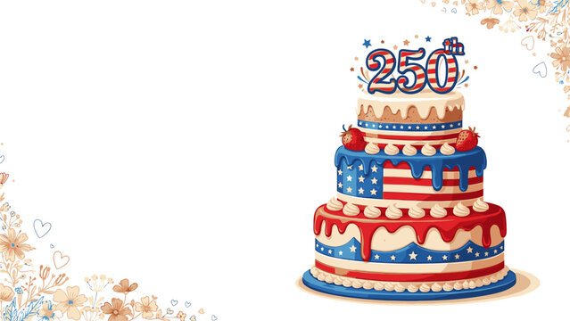 A patriotic three-tiered cake decorated with American flag colors and patterns on a white background with floral designs.