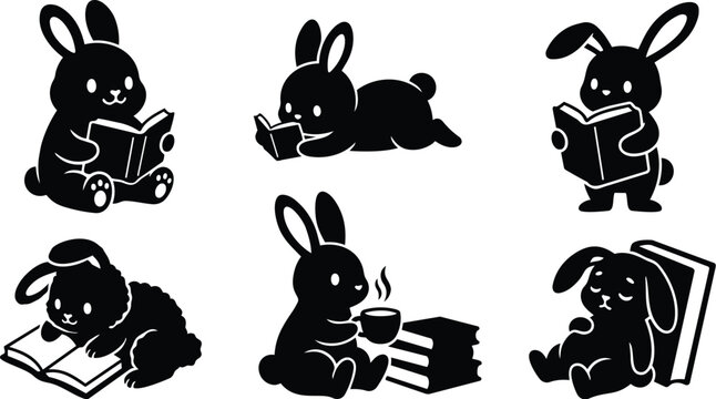 Minimalist vector art close up group of six reading bunnies in playful poses holding books sitting and lying beside stacked books with a warm soft light