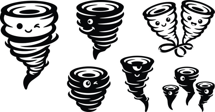 Cute monochrome twister characters with smiling and winking faces grouped as single pair and trio vector icons showing spiral funnel shapes front view with playful expression