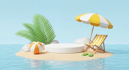 Fototapeta premium A 3D render of a tropical island scene with a beach chair, umbrella, beach ball, and palm leaves on a sandy platform surrounded by ocean water and blue sky