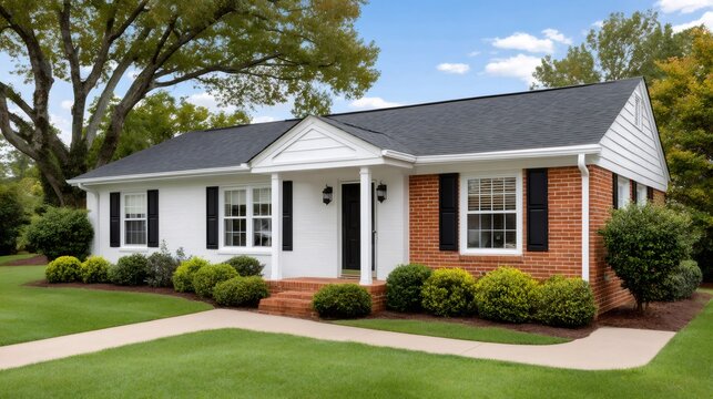 Suburban ranch style home with green lawn