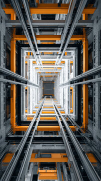 Warehouse automation structure vertical, industrial elevator shaft interior, geometric architecture pattern, orange steel frame detail