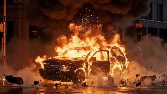 Exploding car engulfed in intense flames on city street