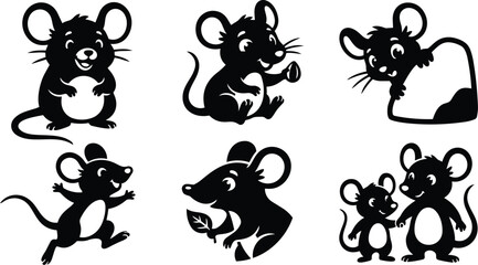 Obraz premium Cute monochrome vector art six playful mouse icons in various poses close up sitting running holding leaf parent and child composition flat design minimal line style