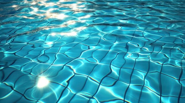 sunlit turquoise swimming pool water with rippling tile grid and sparkling serene reflections