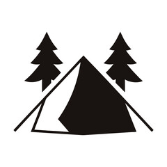 Obraz premium A Camping Icon with Tent and Evergreen Trees in Black Silhouette