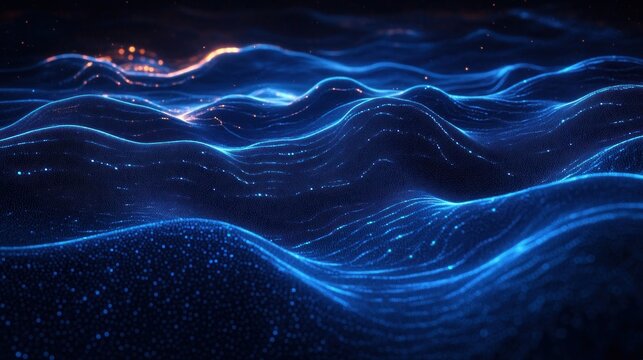 glowing blue digital waves of particles and mesh lines forming an undulating futuristic landscape with soft orange sparks, peaceful and mysterious