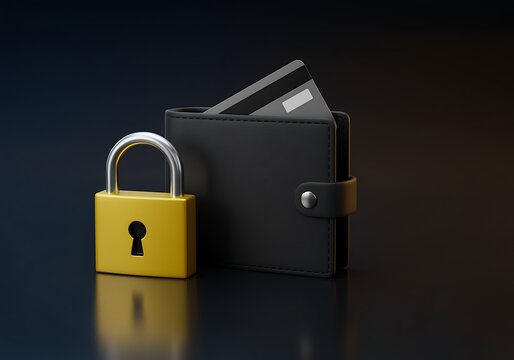 A yellow padlock next to a black leather wallet with a credit card on a reflective dark surface