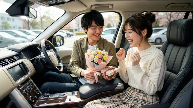 車内でホワイトデープレゼントを女性に渡す男性