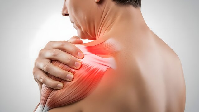 Close-Up of Person Holding Shoulder with Red Highlight Showing Muscle Strain Pain