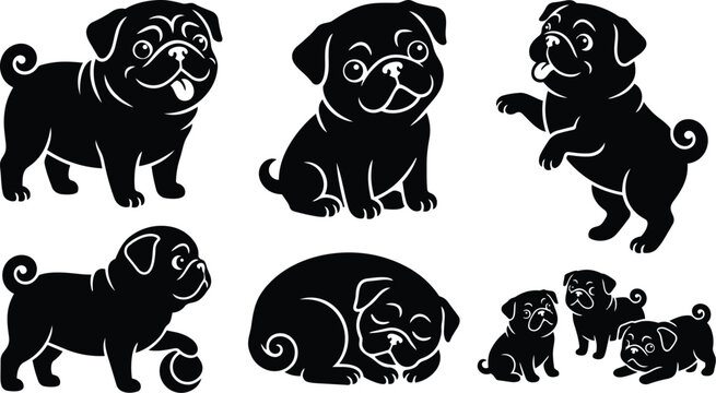 Minimalist vector art close up of multiple pug silhouettes in playful poses sitting standing sleeping playing pawing on white background black flat design tongue out smiling