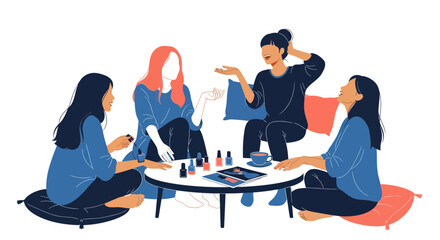 Four women friends enjoying a nail art session at home, painting nails, laughing, and chatting.