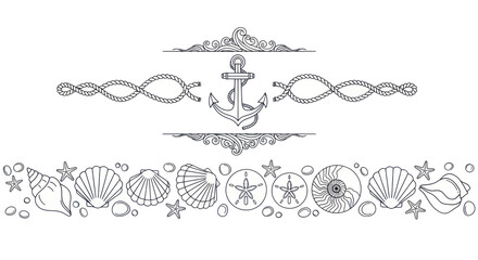 Fototapeta premium Nautical decorative border with anchor, ropes, shells, starfish, and sand dollars