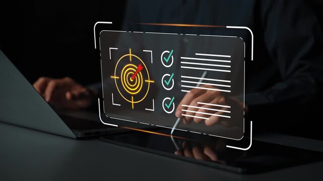 Futuristic Digital Target Selection Interface Displayed on Laptop Screen with Hands Engaged in Data Analysis and Visibility Control in Dark Environment Gluon.