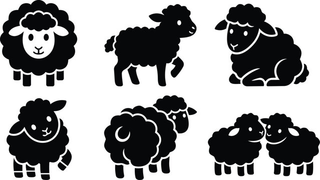 Flat design black sheep icons set showing six lamb silhouettes including standing and sitting profiles and close up faces with clean minimalist vector mockup svg png