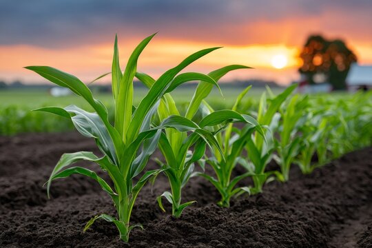 Young corn plants growing in field at sunrise