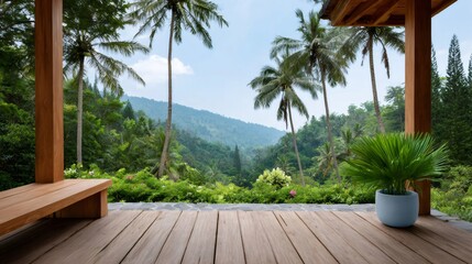 Fototapeta premium Tropical balcony overlooking jungle mountains and palm trees
