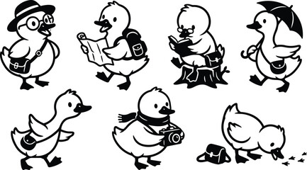 Obraz premium Minimalist black and white vector art close up set of seven playful ducklings in travel poses holding map camera umbrella and satchel walking studying and peeking
