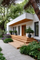 Fototapeta premium Modern house entrance with wooden deck and lush garden