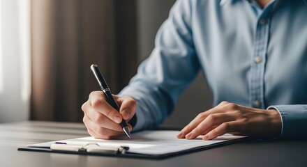 Man in blue shirt signing document on clipboard with pen