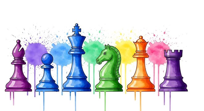 Rainbow chess pieces with watercolor splashes, symbolizing diversity and inclusion in strategy games