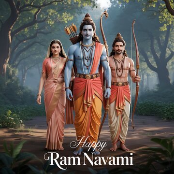 Ram Sita Laxman HD Image Featuring Lord Rama with Bow, Goddess Sita and Lakshman Standing Gracefully in Traditional Dress