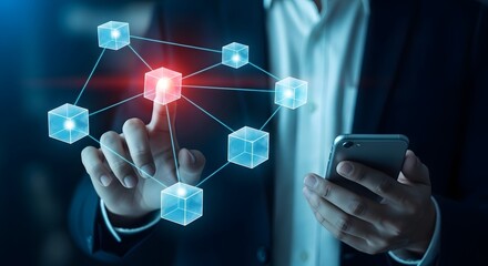 Businessman interacting with futuristic blockchain network on smartphone