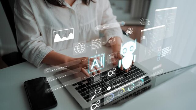 Person Using Laptop with Chatbot and AI Interface on Screen for Innovative Technology and Digital Communication Concepts Gluon.